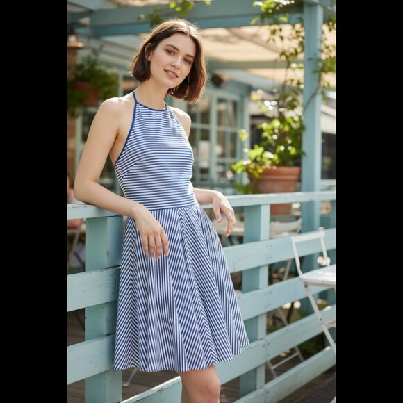 DESIGNER MICHAEL KORS COLLECTION BLUE/WHITE STRIPED A LINE HALTER TOP DRESS 8.R - Picture 1 of 13